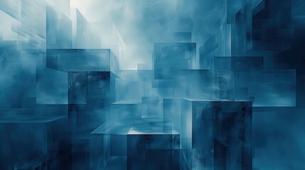 Abstract Geometric Background with Blue Cubes and Transparent Shapes in a Modern Digital Art Style