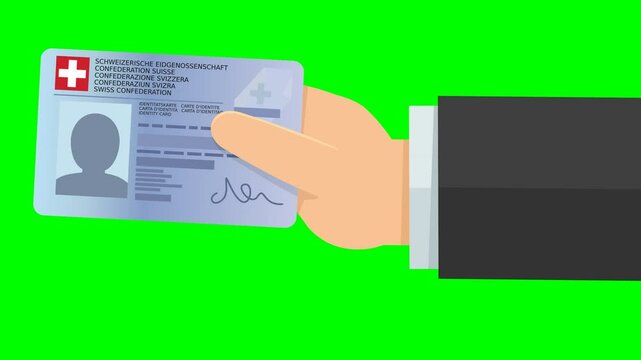 A hand presents a Swiss ID card from the right on green screen with alpha channel (flat design)
