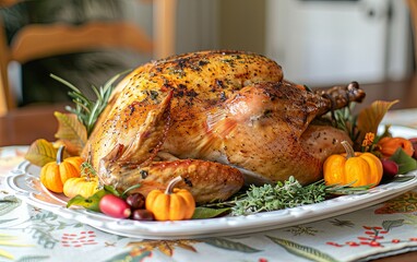 Roasted Thanksgiving turkey on a serving platter, with colorful autumn-themed decorations