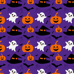 Halloween spooky pattern with pumpkin, ghost, bats, witch hat.