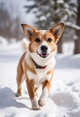 Sarabi dog playing gleefully in a snowy landscape, leaving paw prints on untouched white blankets of snow.