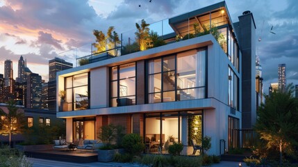 Fototapeta premium A modern urban townhouse with a sleek facade, large windows, and a rooftop garden with views of the city skyline