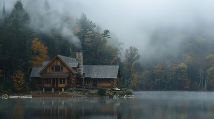 Fototapeta premium Cozy Wooden Cabin by Misty Lake in Autumn Forest with Colorful Foliage and Reflections
