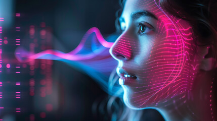 woman face illuminated by pink and blue digital lines, representing advanced technology and data, highlighting the integration of AI and human interaction
