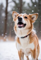 Sarabi dog playing gleefully in a field of freshly fallen snow, with snowflakes gently drifting down from a pale winter sky.