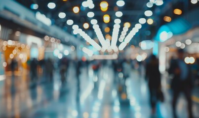 Blurred Trade Show Event with Crowds at Exhibition Booths in Convention Center. Business Conference, Job Fair, and Tech Expo with International Business Meetings and Marketing Displays. AI-Generated, 