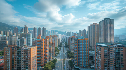 Aerial view of a bustling modern city with numerous tall buildings under a bright sky, capturing urban life.