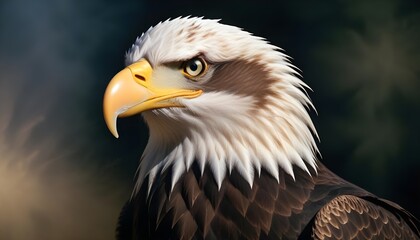 Naklejka premium Extreme close-up of an adult bald eagle's head, highlighting the details of its sharp beak, piercing eyes, and regal feathers