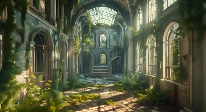 A large, abandoned building with vines growing on the walls and a green, overgrown courtyard. The atmosphere is eerie and mysterious, with the sunlight shining through the windows