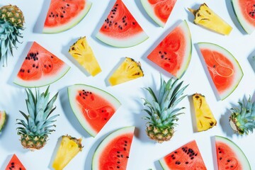 Seamless pattern with watermelon slices on a black background, flat vector illustration. For t-shirt prints and other uses.. Beautiful simple AI generated image in 4K, unique.