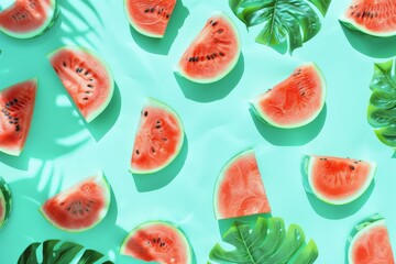 Half-cut Watermelon Fruits Logo seamless pattern Flat Design Cartoon Vector. Beautiful simple AI generated image in 4K, unique.