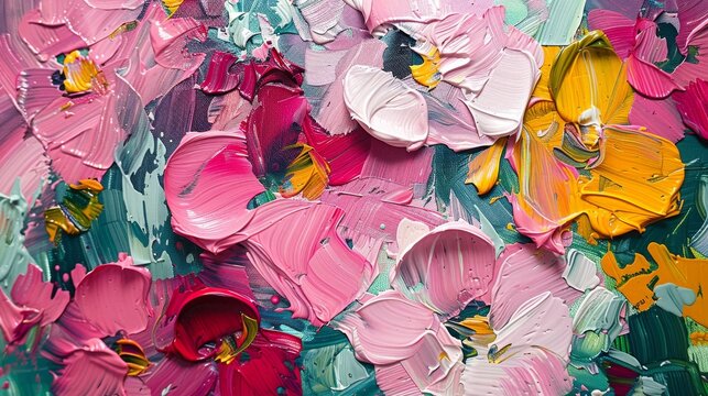 Abstract painting composed of brush strokes and a thick layer of oil paint, impasto floral texture creating an attractive design.