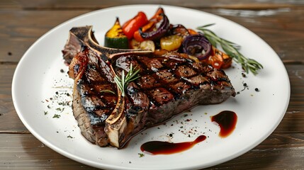 A gourmet T-bone steak with a rich, smoky char, drizzled with a red wine reduction and accompanied by roasted vegetables on a white plate.