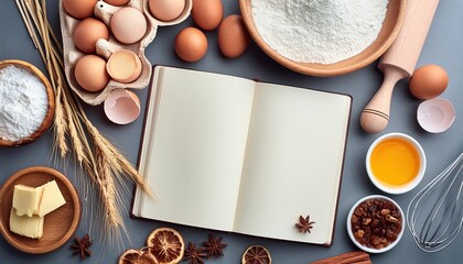 Baking ingredients with open blank book page