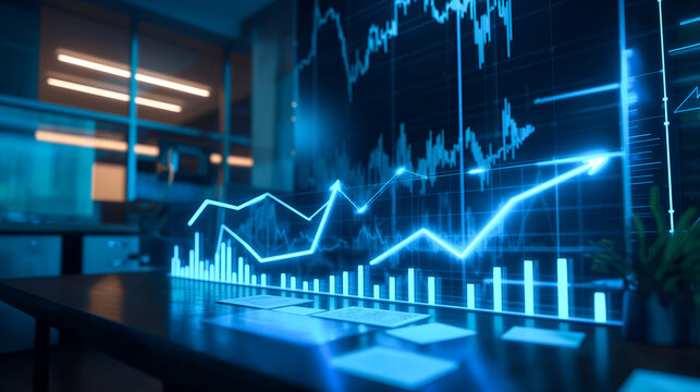 Abstract blue graphs and charts in office space background, technological business background neon, information and analysis mock up. Economy and financial growth, digital marketing background