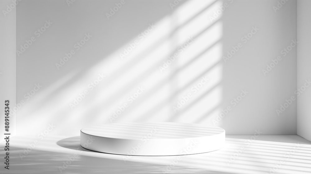 Poster white empty stage with soft window light in white empty small room, minimalistic podium background with copy space and place for product placement and advertisement