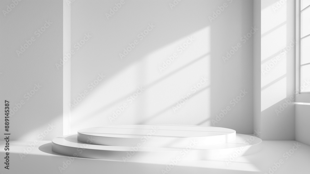 Poster white empty podium with soft window light in white empty studio room, minimalistic podium stage background with copy space and place for product placement and advertisement