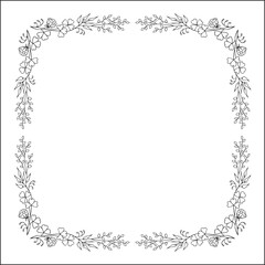 Elegant black and white vegetal ornamental frame with flowers, decorative border, corners for greeting cards, banners, business cards, invitations, menus. Isolated vector illustration.	