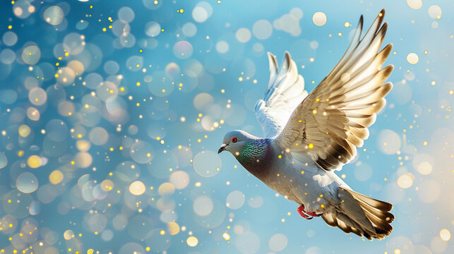 pegion flying with gold sparkle, blue sky