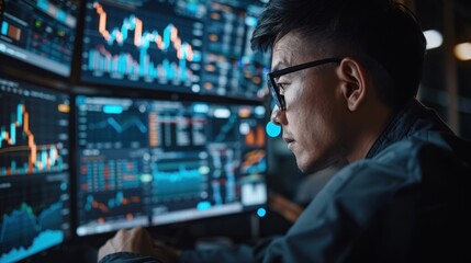 Financial analyst analyzing stock market trends using advanced software on a high-resolution monitor The screen displays detailed graphs and data points, highlighting the analytical skills required