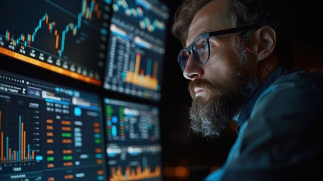 Financial analyst analyzing stock market trends using advanced software on a high-resolution monitor The screen displays detailed graphs and data points, highlighting the analytical skills required