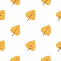 Cute autumn leaf pattern of yellow color. Flat style illustration. Fall season seamless pattern for design. Vector square autumn leaf ornament. Pattern isolated on changeable white background.
