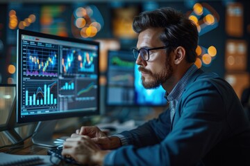 Obraz premium Financial analyst working in a busy office environment with colleagues discussing financial data in the background The analyst is focused on a computer screen displaying financial charts and graphs,