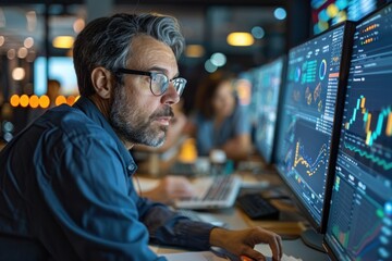Financial analyst working in a busy office environment with colleagues discussing financial data in the background The analyst is focused on a computer screen displaying financial charts and graphs,