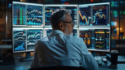 Financial analyst analyzing market trends on multiple computer monitors The monitors display real-time financial data and charts, highlighting the analyst's expertise in interpreting and predicting