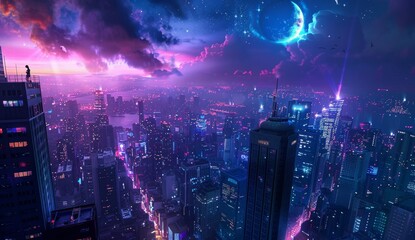 Cityscape night view on a rooftop, with lights on buildings and illuminated surroundings, anime art, crescent moon, created with AI