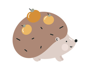 Cute hedgehog with apples. Flat cartoon vector illustration isolated on white background. For card, posters, banners, printing on the pack, printing on clothes, fabric, wallpaper, textile or dishes.	