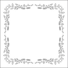 Elegant black and white vegetal ornamental frame with flowers, decorative border, corners for greeting cards, banners, business cards, invitations, menus. Isolated vector illustration.	