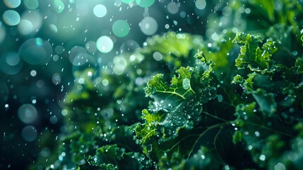 Green Kale with Water Droplets and Bokeh.