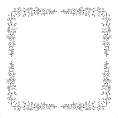 Elegant black and white vegetal ornamental frame with flowers, decorative border, corners for greeting cards, banners, business cards, invitations, menus. Isolated vector illustration.	