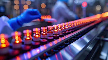Close-up of vaccine vials on a production line in a pharmaceutical manufacturing facility with glowing red lights.