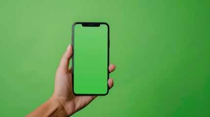 hand holding a phone with green screen on green wall
