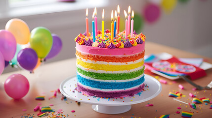 A multicolored birthday cake decorated with burning candles ,Happy birthday greetings concept ,Colorful sweets for kids birthday party celebration ,Rainbow cake with candles on white dish