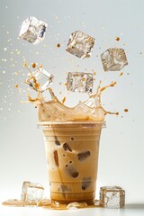 Ice cubes dropped into iced latte commercial shot , plastic cup, white background, very realistic, hyper-detailed