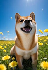 Shiba Inu playing in a field of dandelions under a bright blue sky, with seeds floating gently around.