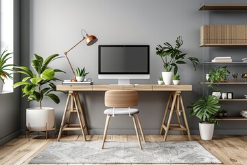 Home Office with Minimalist Accessories and Clean Desk: A minimalist home office mockup with simple accessories and a clean desk.