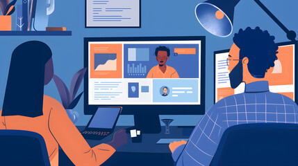 Virtual mentoring session, screens showing mentor and mentee, digital communication, remote learning and guidance