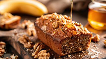 Fototapeta premium Freshly baked banana bread with walnuts and honey drizzle on rustic wooden board