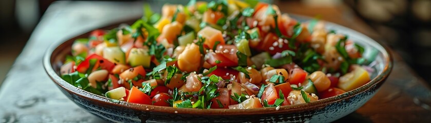 Close Up of a Colorful Salad with Chickpeas, Tomatoes, Cucumbers, and Parsley - Photo