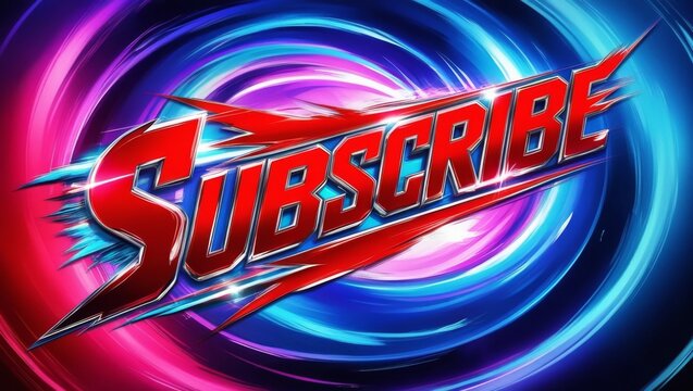 A vibrant digital artwork, rendered in bold brushstrokes and neon hues, featuring the word "Subscribe" in a massive, fire engine red font, with gleaming metallic
