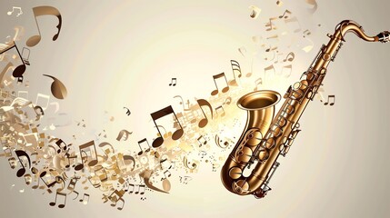 An illustration of a gold saxophone with music notes flowing around it.