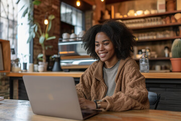 Young woman working remotely in cafe