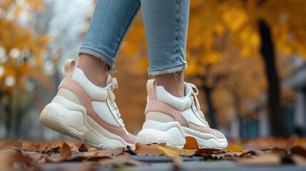 Rear view showing a female model in cozy white and pink sneakers filled with down material paired with jeans