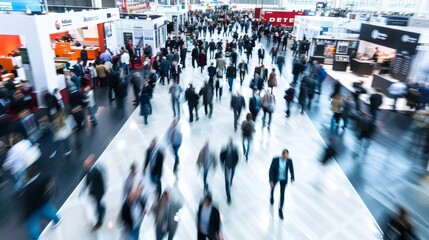 Obraz premium Abstract Blurred Focus of Trade Show Event with Business Conference, Exhibition, Job Fair, and Tech Expo. AI-Generated 4K High-Quality Wallpaper Depicting Busy Exhibition Hall with Blurred Individuals