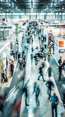 Abstract Blurred Focus of Trade Show Event with Business Conference, Exhibition, Job Fair, and Tech Expo. AI-Generated 4K High-Quality Wallpaper Depicting Busy Exhibition Hall with Blurred Individuals