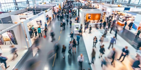 Abstract Blurred Focus of Trade Show Event with Business Conference, Exhibition, Job Fair, and Tech Expo. AI-Generated 4K High-Quality Wallpaper Depicting Busy Exhibition Hall with Blurred Individuals